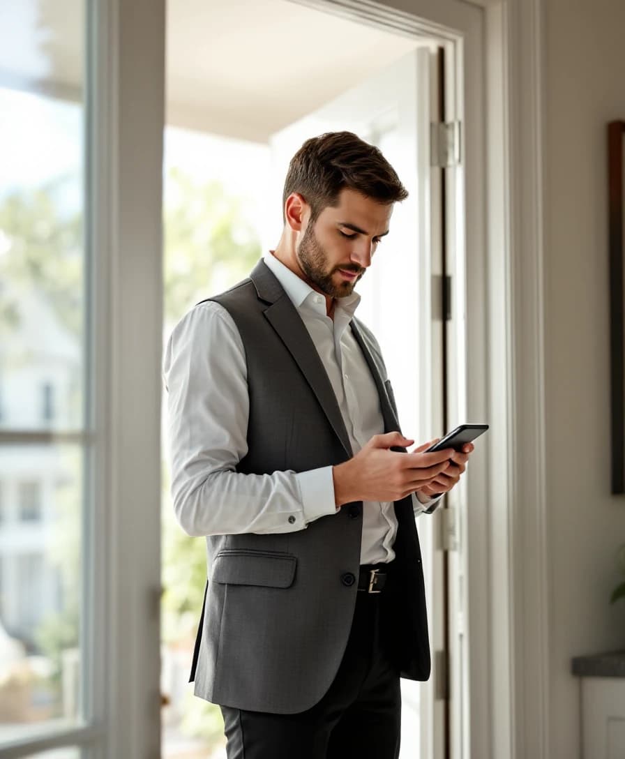 A real estate agent standing in a doorway during a property walkthrough, looking down at his phone.