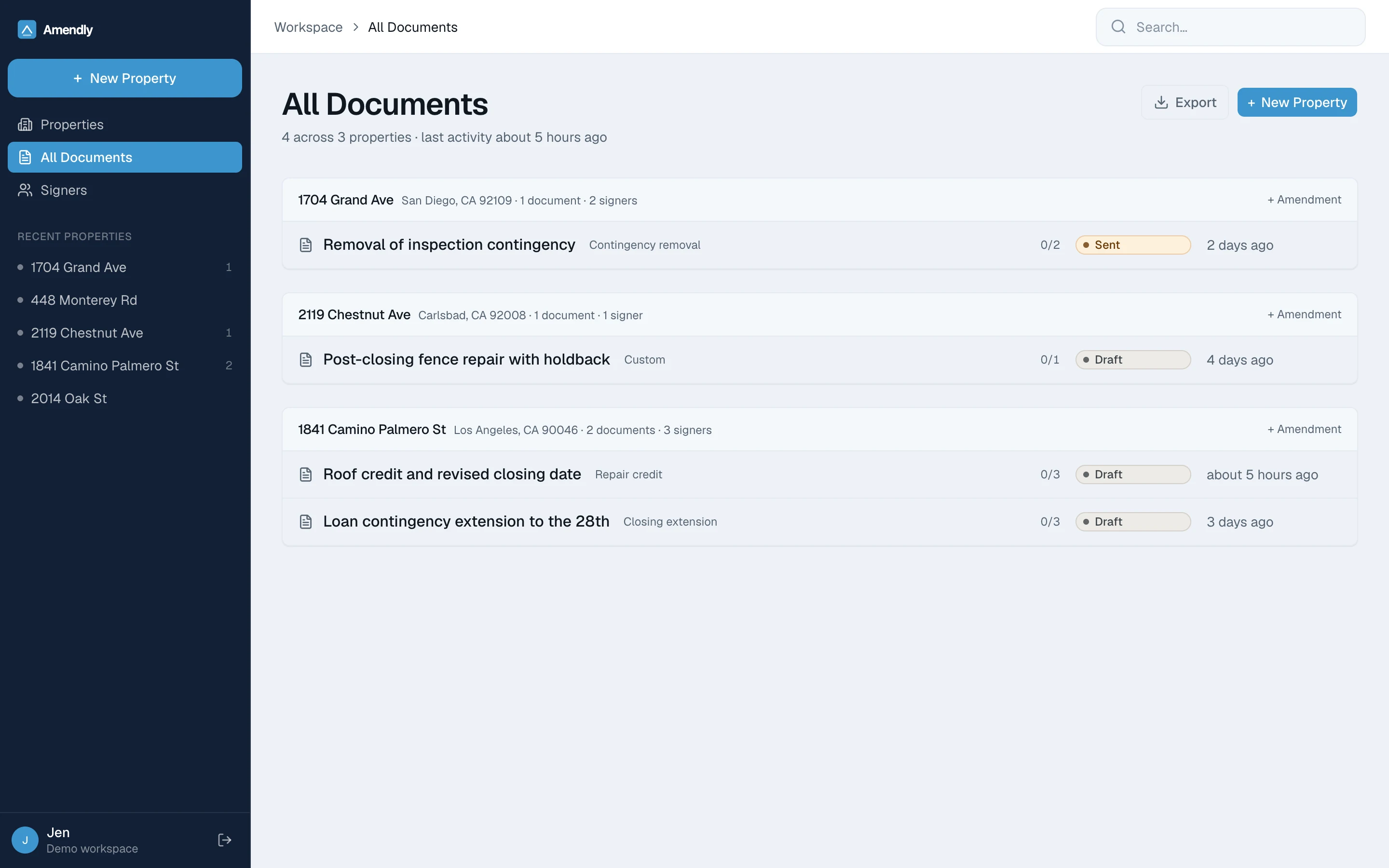 The All Documents screen: every drafted amendment grouped under its property, each with its scenario, signature progress and status.
