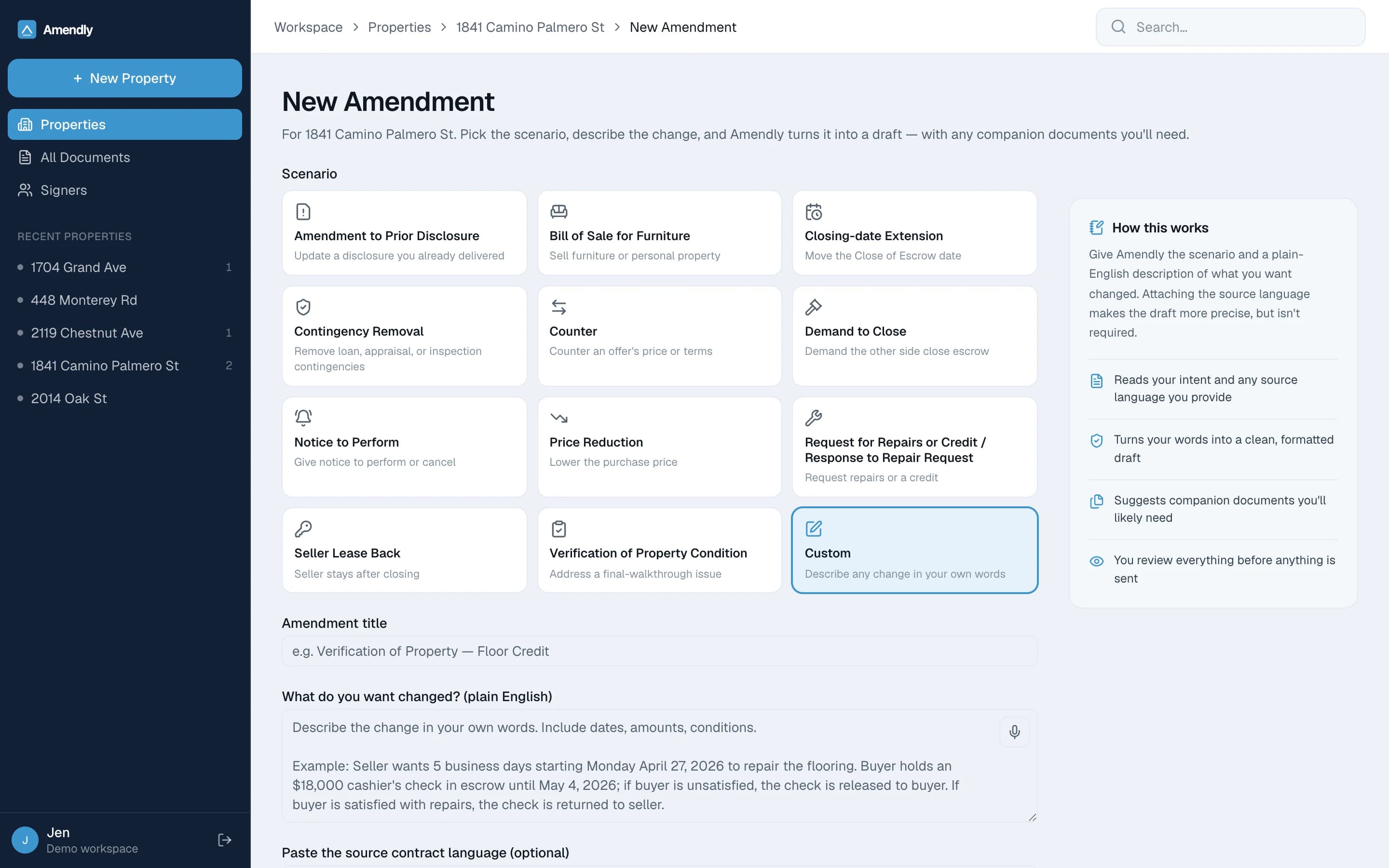 The New Amendment screen: twelve scenarios to choose from, a box for describing the change in plain English, and an optional field for pasting the existing contract language.