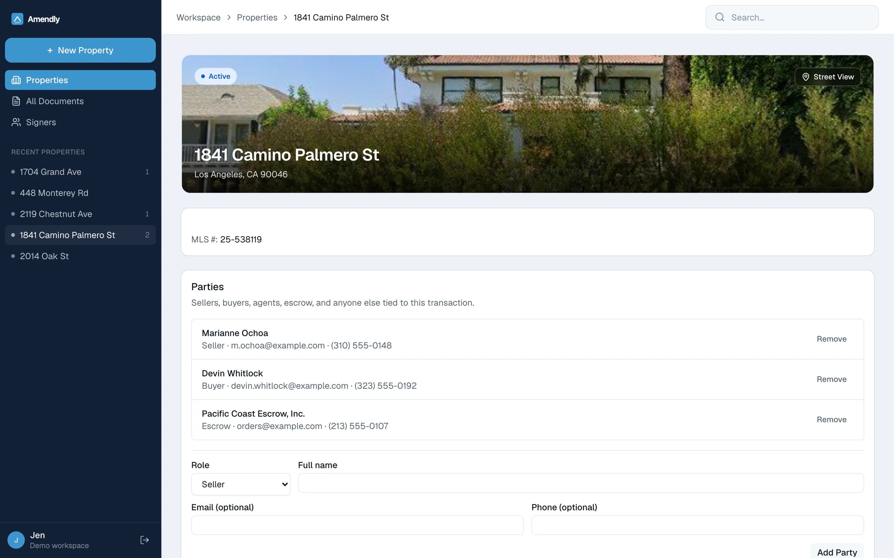 A property screen showing an exterior photo of the house with the address over it, the MLS number, and every party on the transaction with their contact details.